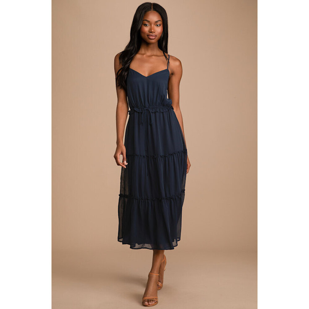 Lulus Upscale Evening Navy Blue Tiered Midi Dress - Size S